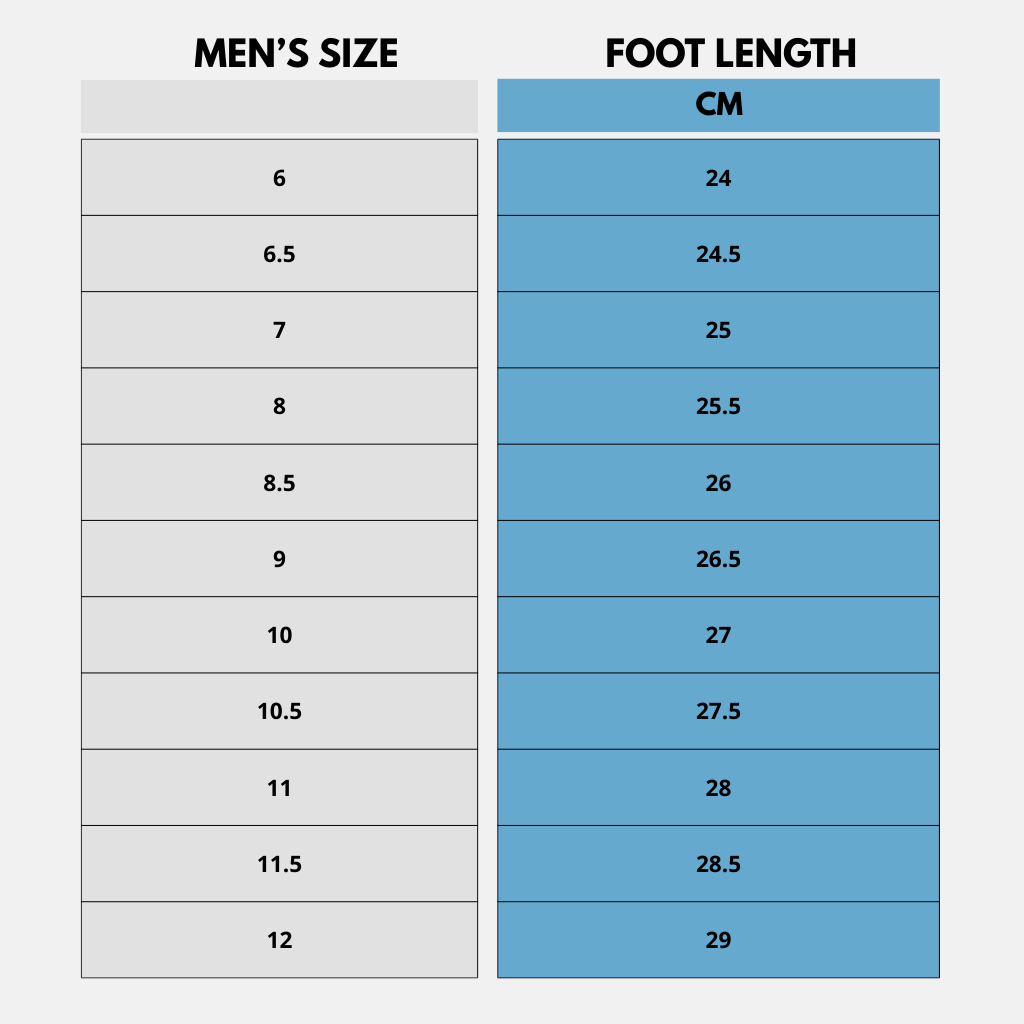 Men's size / foot length chart