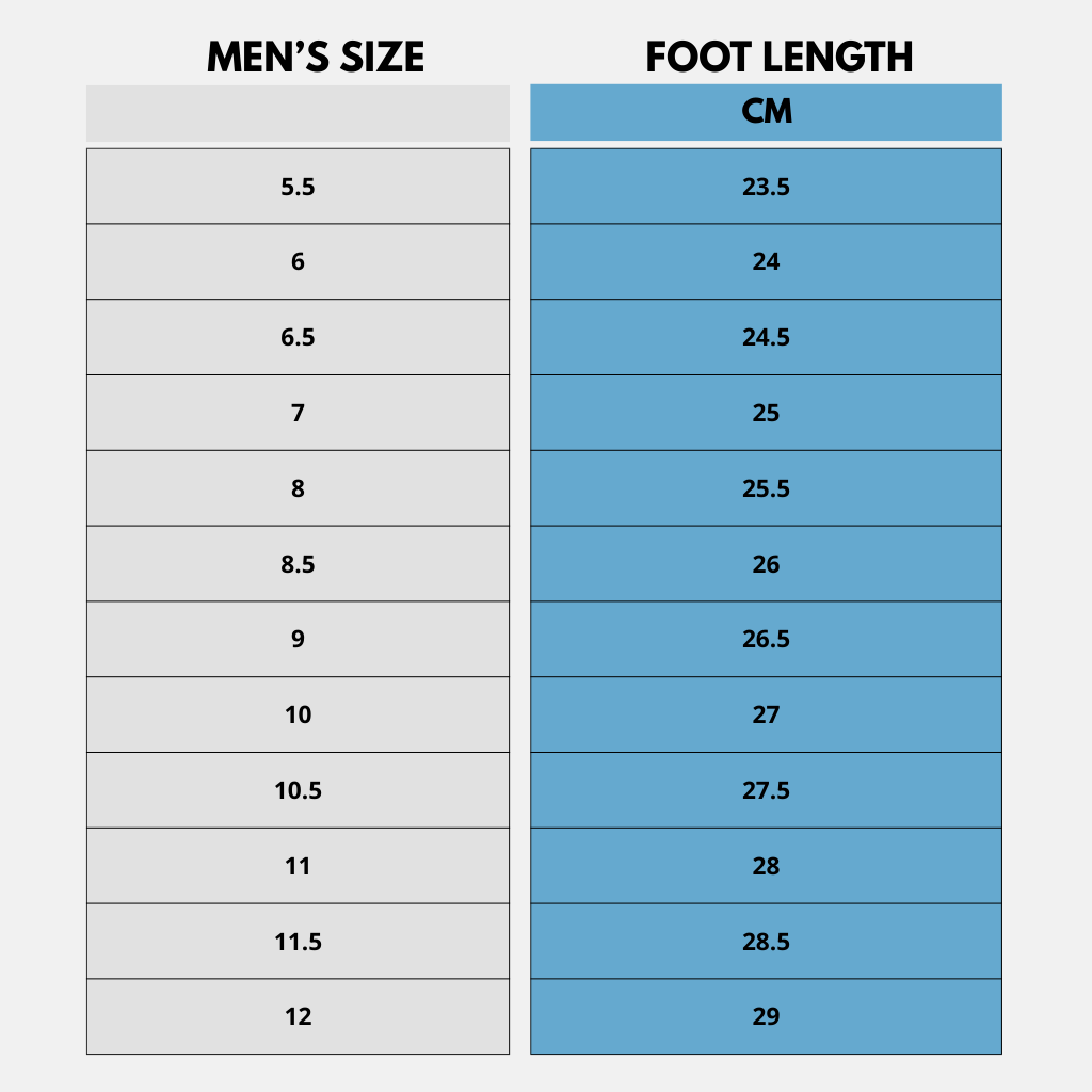 Men's size / foot length chart